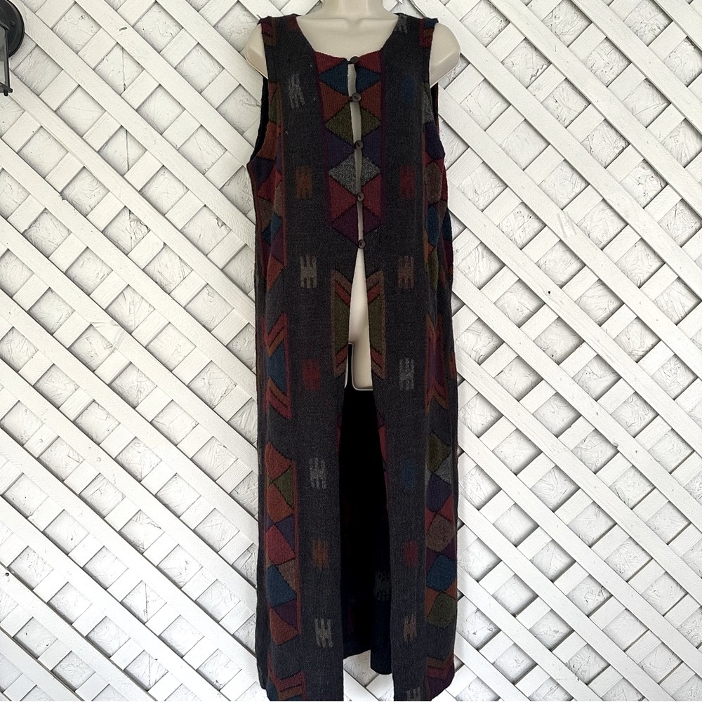 MILLMA BOLIVIA Alpaca Colorful Geometric Print Long Vest Cardigan Duster Lg